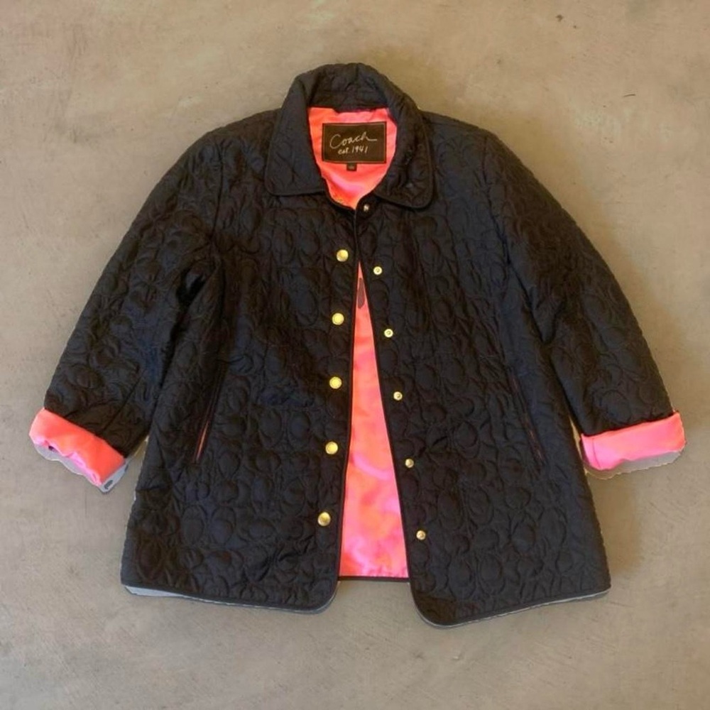 COACH Black & Pink Monogram C Logo Quilted Jacket